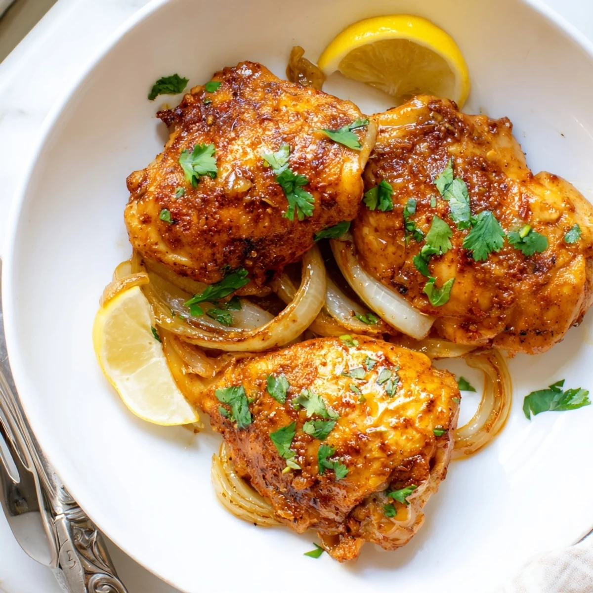 Golden ginger garlic chicken thighs baked crispy on a bed of caramelized onions