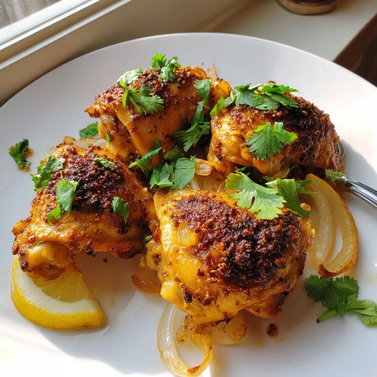 Juicy ginger garlic chicken thigh bake with crispy skin and fresh cilantro garnish