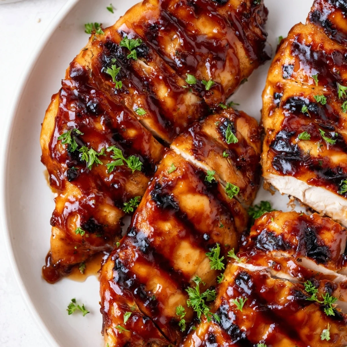Grilled Coca Cola glazed chicken breast with shiny sticky sauce on a plate