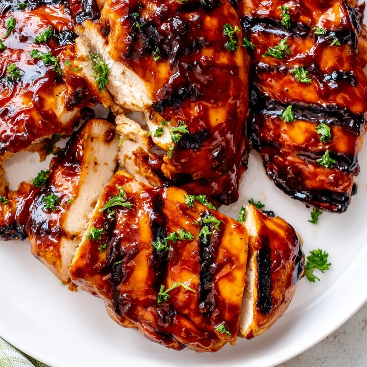 Golden grilled Coca Cola glazed chicken breast garnished with fresh parsley and grill marks