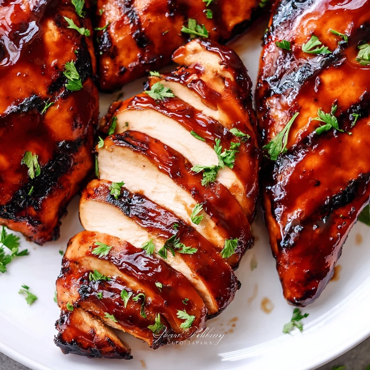 Juicy grilled Coca Cola glazed chicken breast sliced open showing tender moist meat