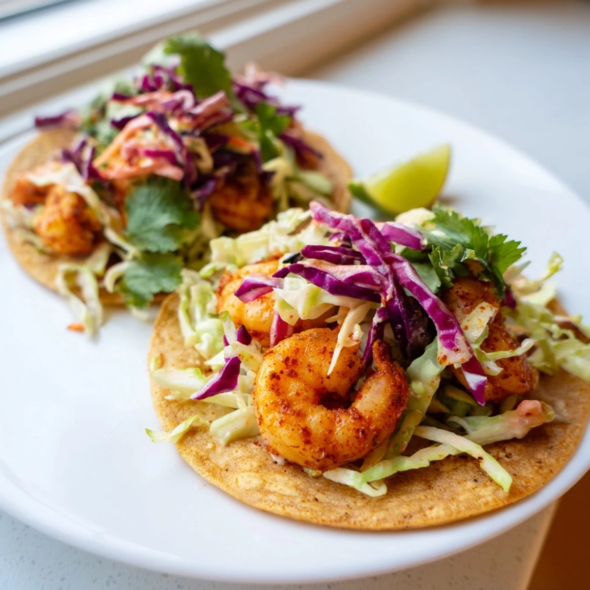 Spicy shrimp tacos loaded with crisp garlic cilantro lime slaw on warm tortillas