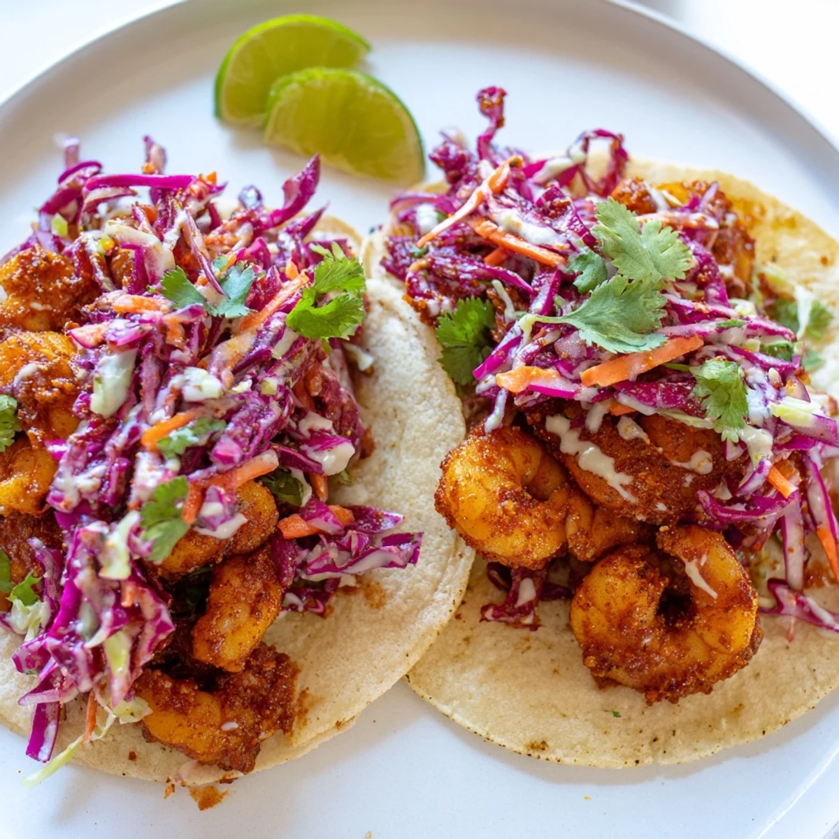 Close-up of spicy shrimp tacos crowned with tangy cilantro lime slaw and lime wedges