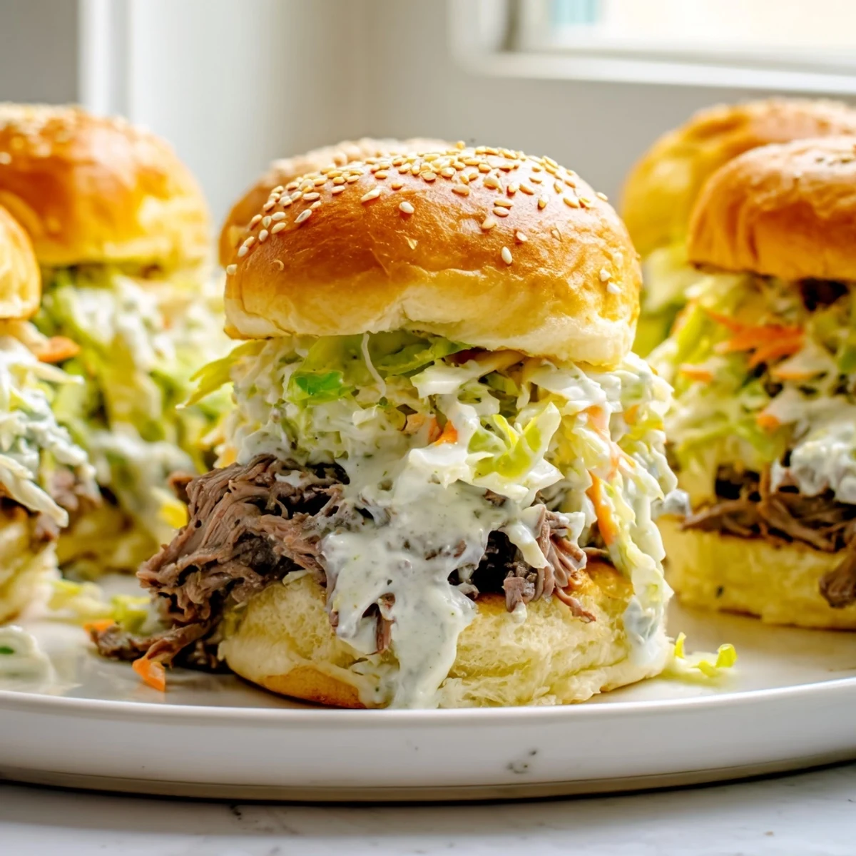Juicy Alabama white sauce pulled lamb sliders piled high with crunchy creamy slaw