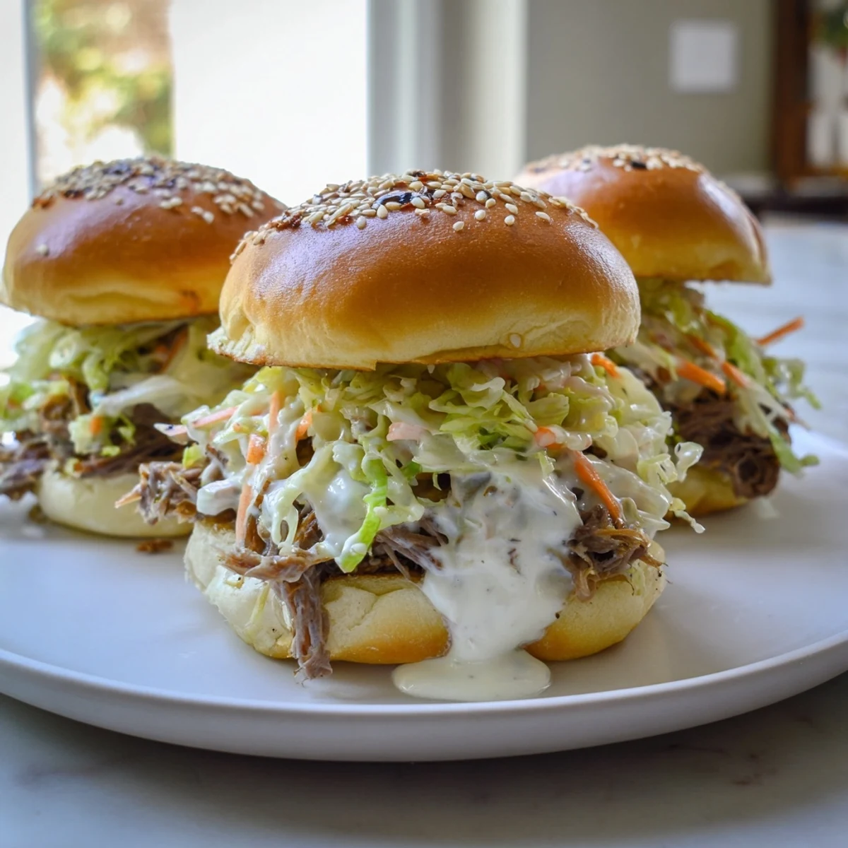 Tender shredded lamb glistening with Alabama white sauce on toasted soft slider buns