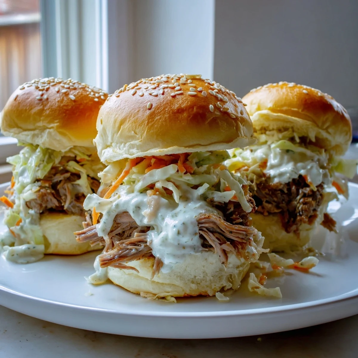 Golden slider buns filled with tangy Alabama white sauce pulled lamb and crisp cabbage