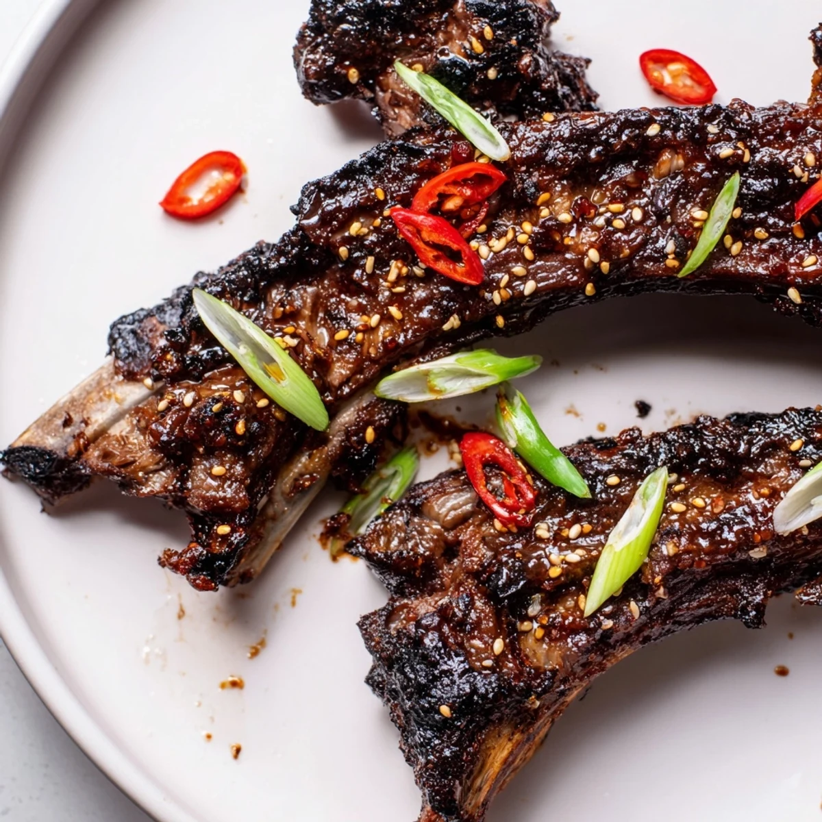 Crispy-edged Korean BBQ lamb ribs drizzled with bright yuzu citrus over steamed rice