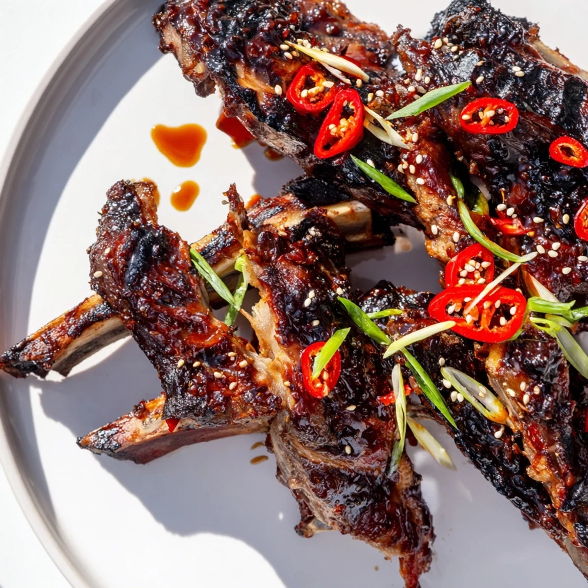 Glossy Korean BBQ lamb ribs with caramelized glaze, fresh yuzu, and scallions