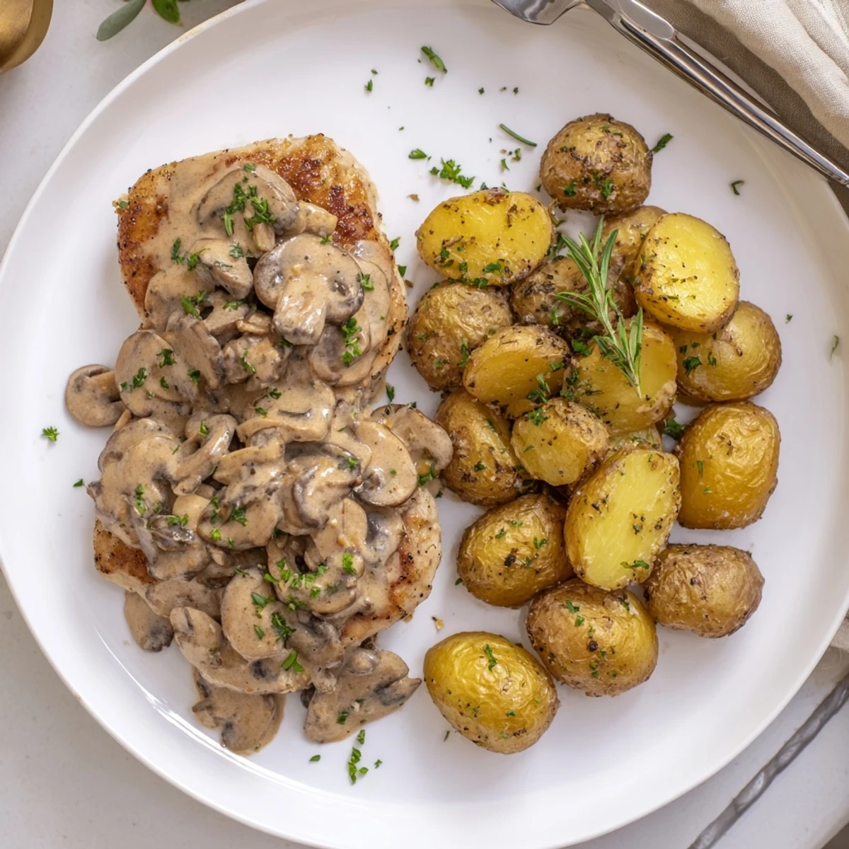 Golden seared creamy mushroom chicken nestled in a velvety sauce with crispy herb potatoes