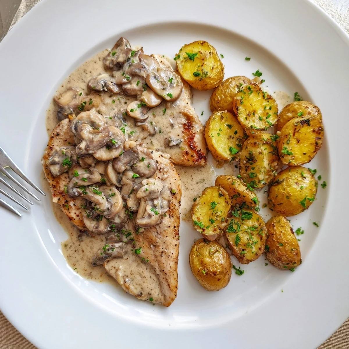 Tender creamy mushroom chicken draped in a rich garlic-thyme sauce beside golden roasted potatoes