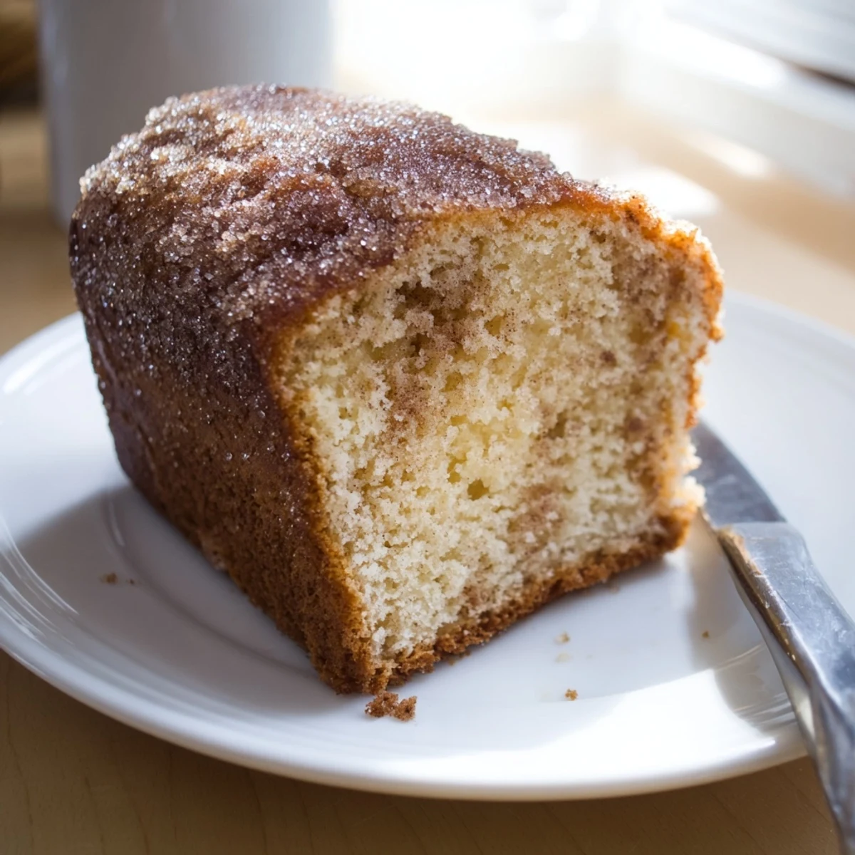 Golden cinnamon donut loaf sliced thick with a sparkling cinnamon sugar crust on a rustic wooden board