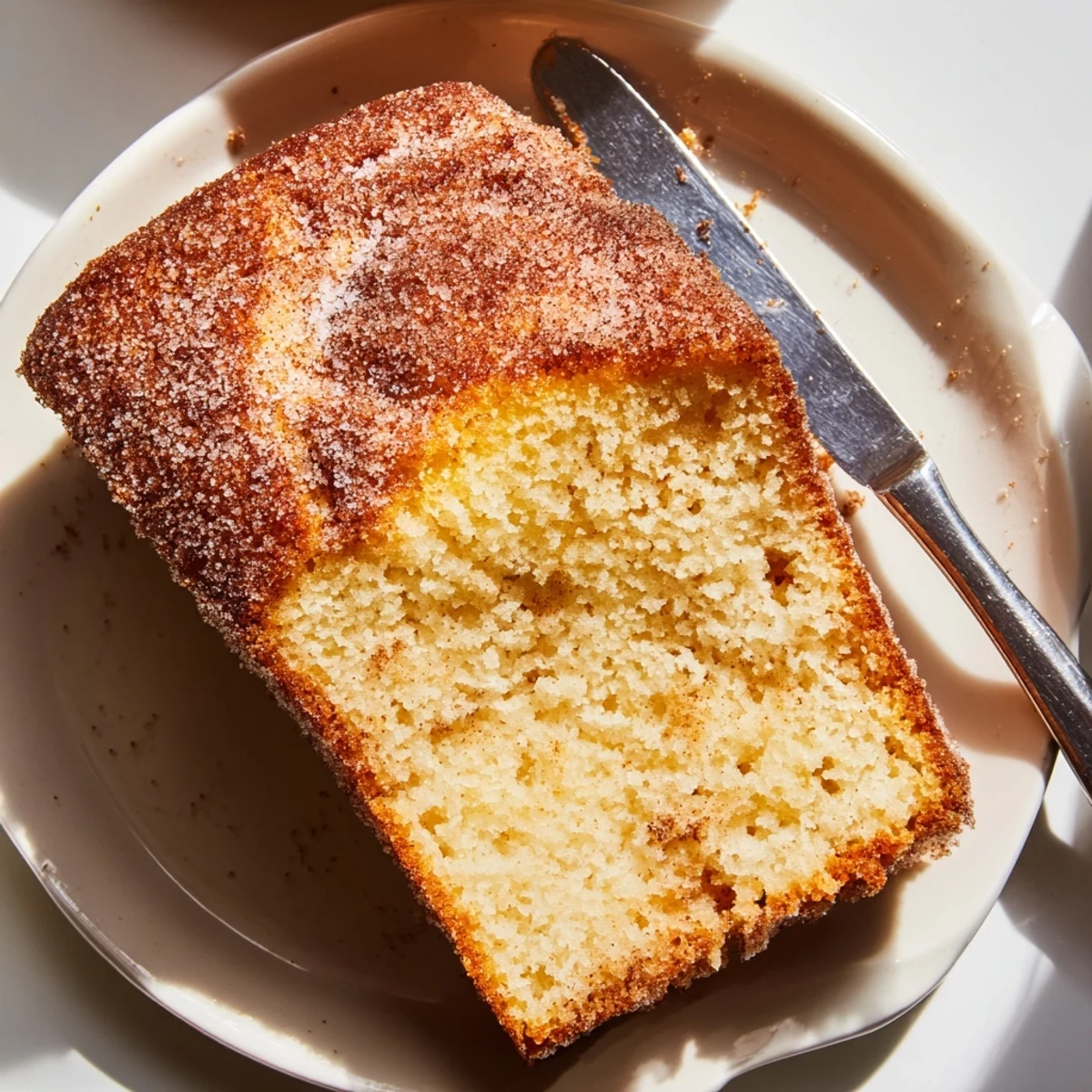 Tender cinnamon donut loaf wrapped in parchment revealing a moist buttery crumb dusted with cinnamon sugar