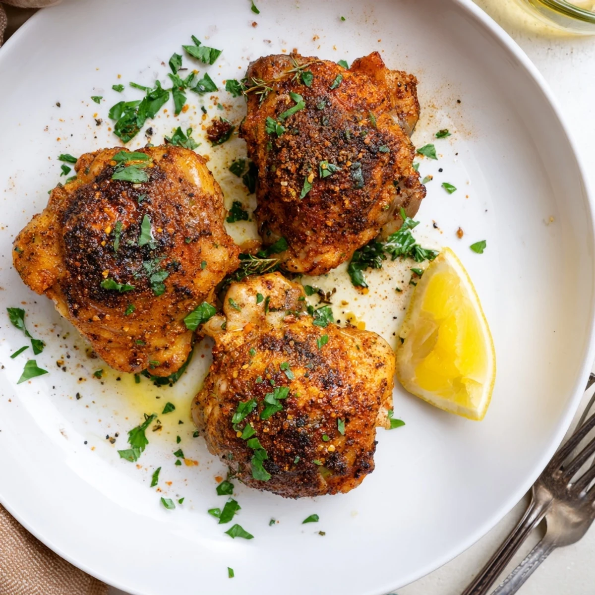 Golden crispy oven baked chicken thighs with herbs on a rustic baking sheet