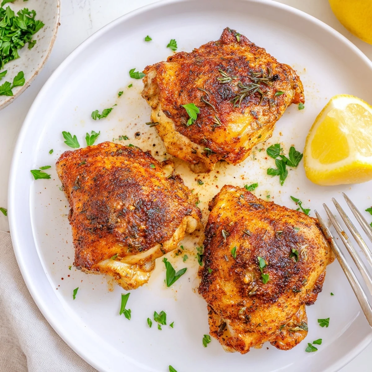 Juicy oven baked chicken thighs garnished with fresh parsley and lemon wedges