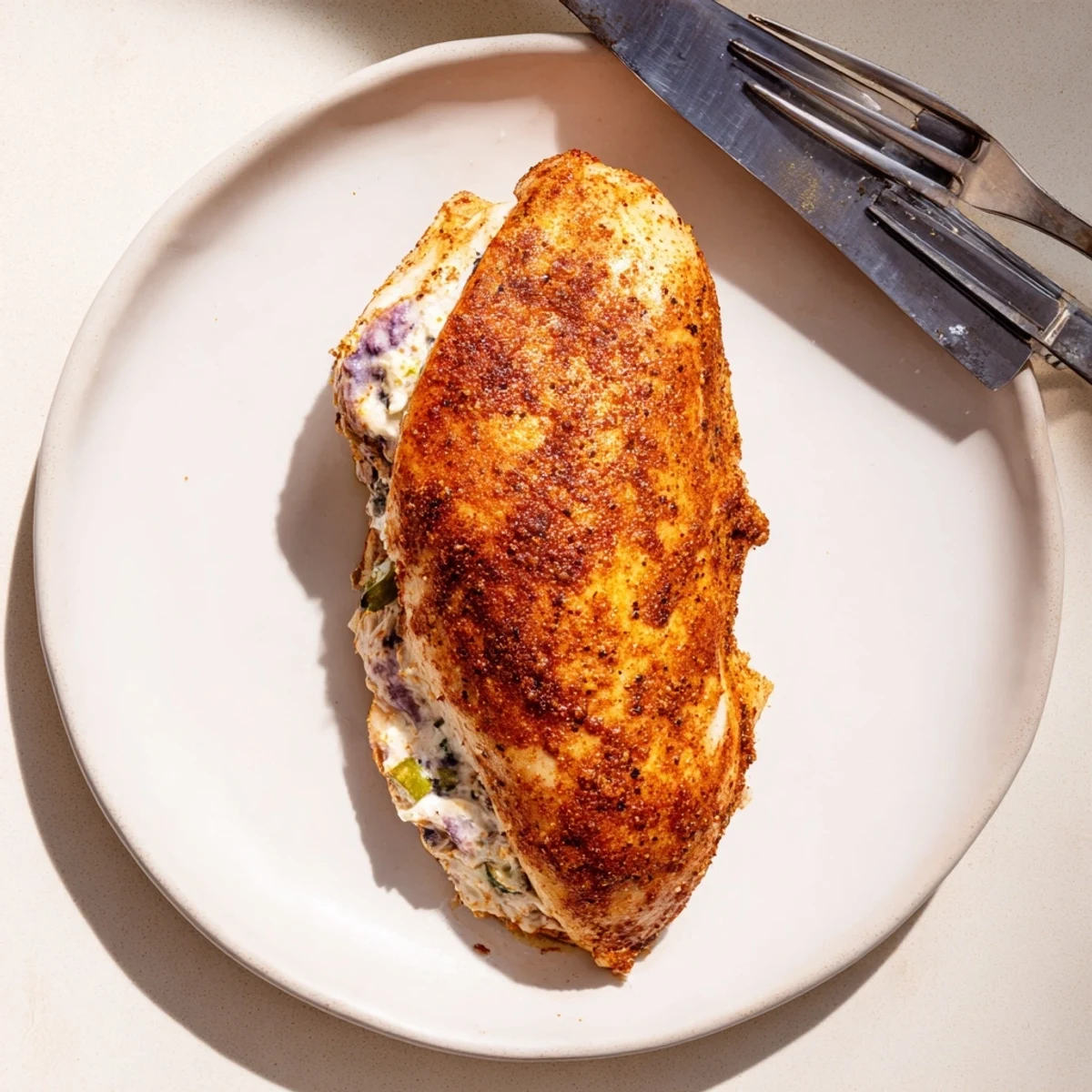 Melty Blackberry Jalapeno Stuffed Chicken with bubbling purple filling on a rustic baking dish