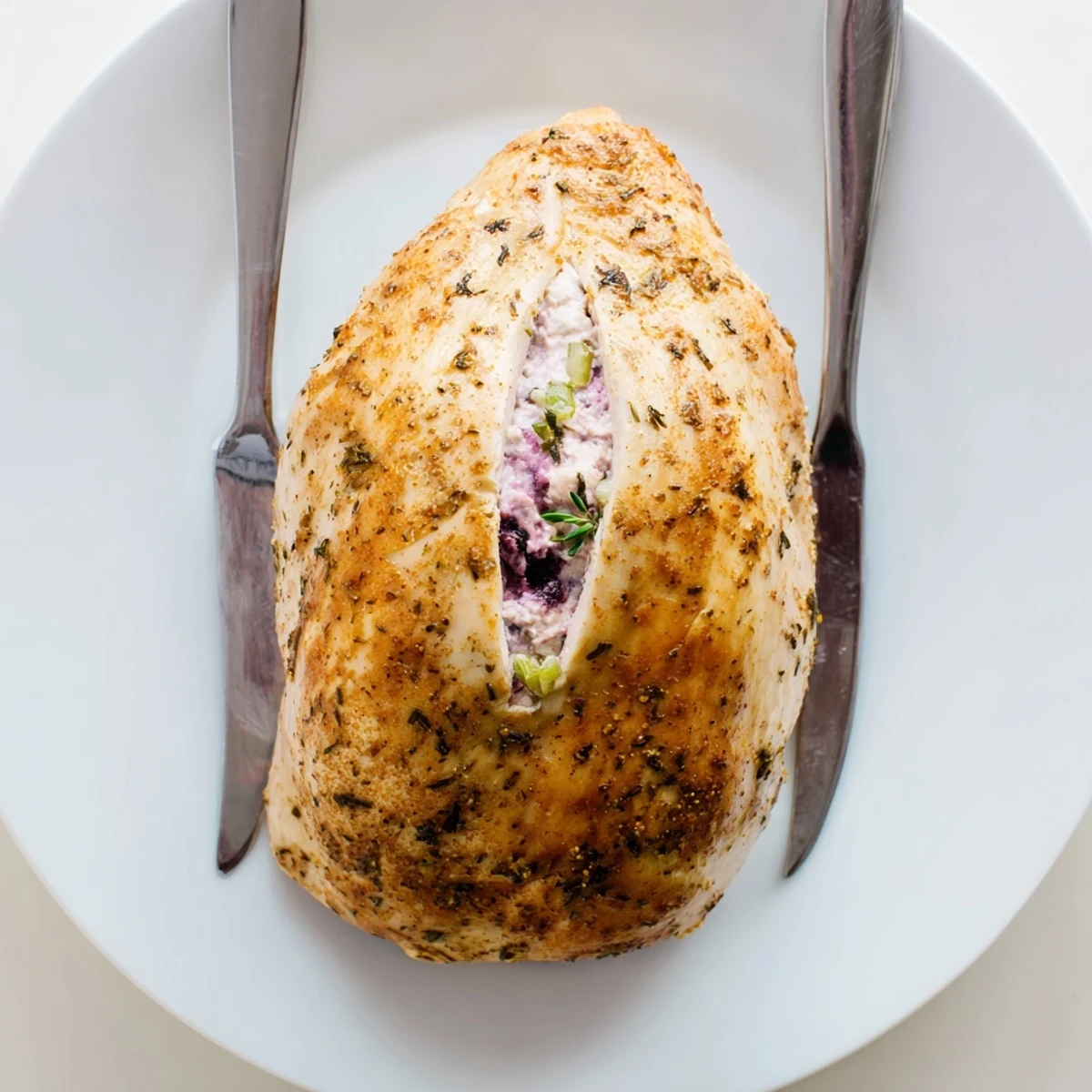 Golden-baked Melty Blackberry Jalapeno Stuffed Chicken oozing creamy fruit-filled cheese over juicy sliced breast