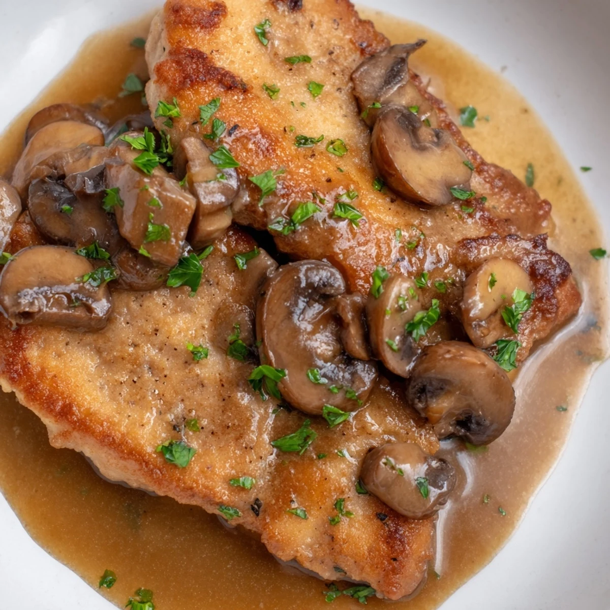 Golden pan-seared chicken breasts in a rich, glossy Dairy Free One Pan Chicken Marsala sauce with mushrooms and fresh parsley.