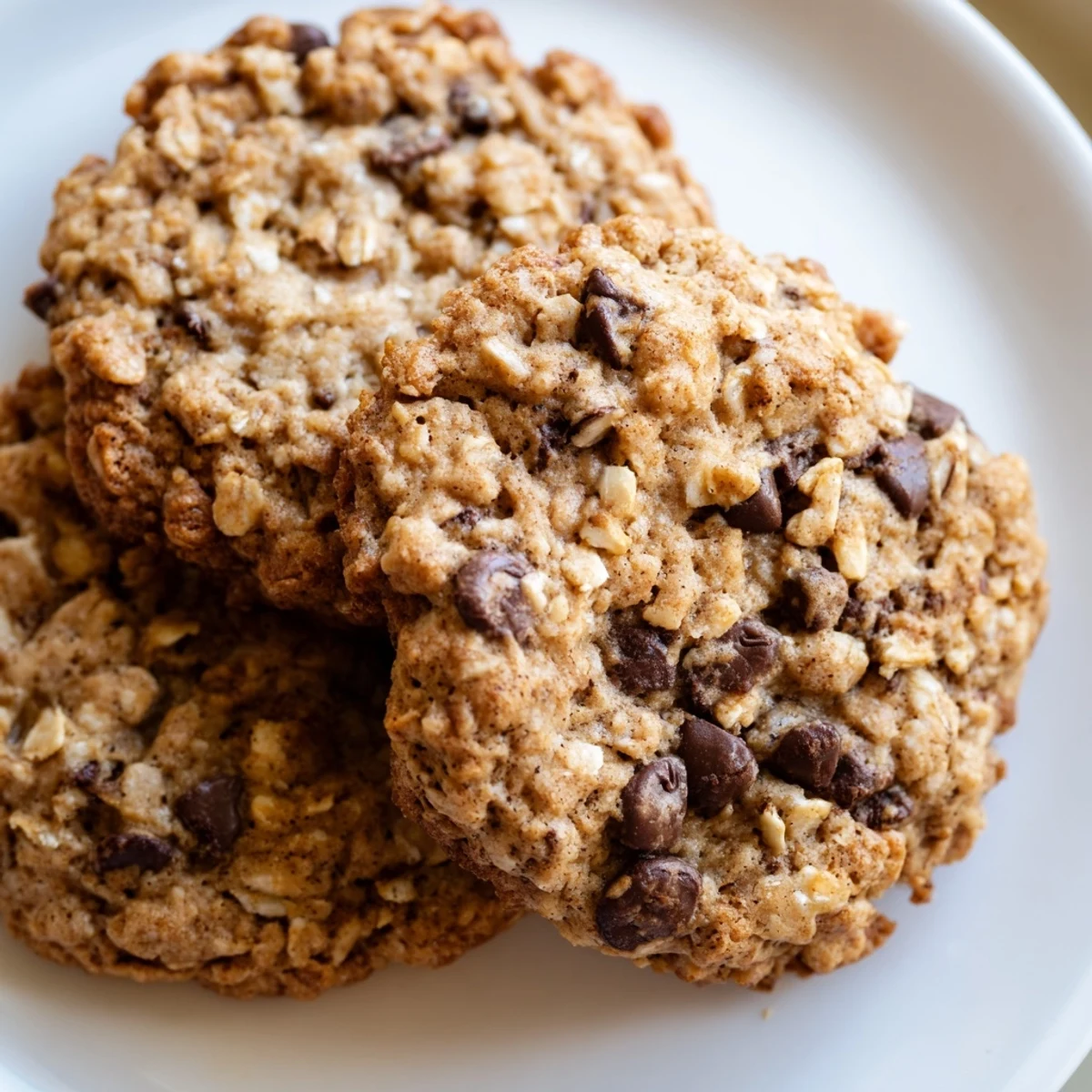 Thick chewy banana oatmeal cookies with crinkled tops on a white plate