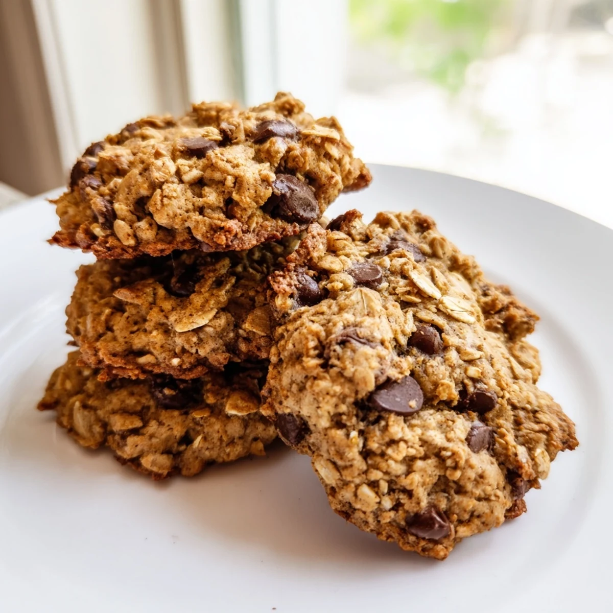 Soft banana oatmeal cookies with chocolate chips arranged on a cooling rack
