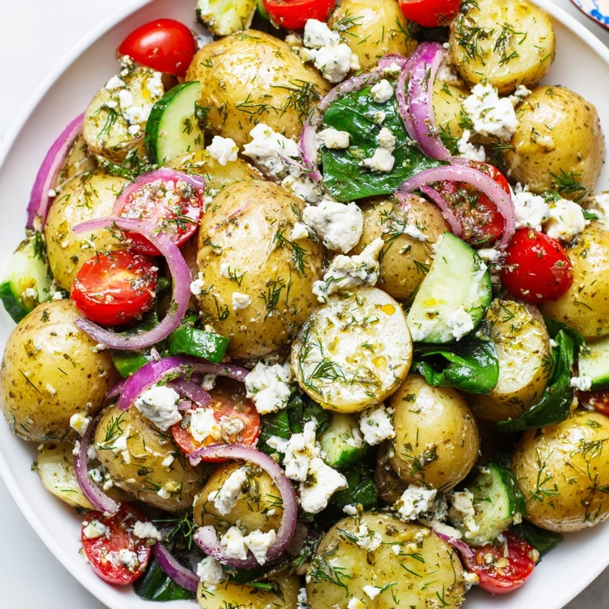 Creamy potato and feta salad topped with crumbled cheese, fresh dill, and cherry tomatoes
