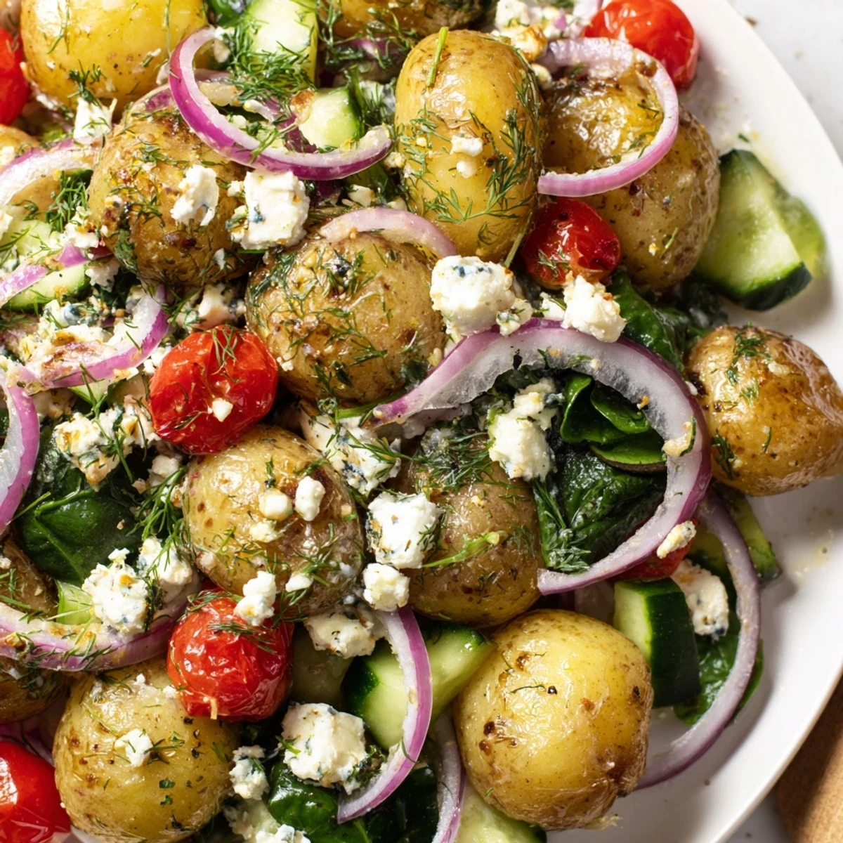 Warm potato and feta salad drizzled with tangy lemon herb dressing in a rustic bowl