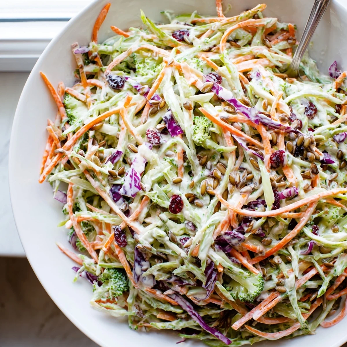 Crisp broccoli slaw tossed with sunflower seeds and cranberries in a creamy bowl