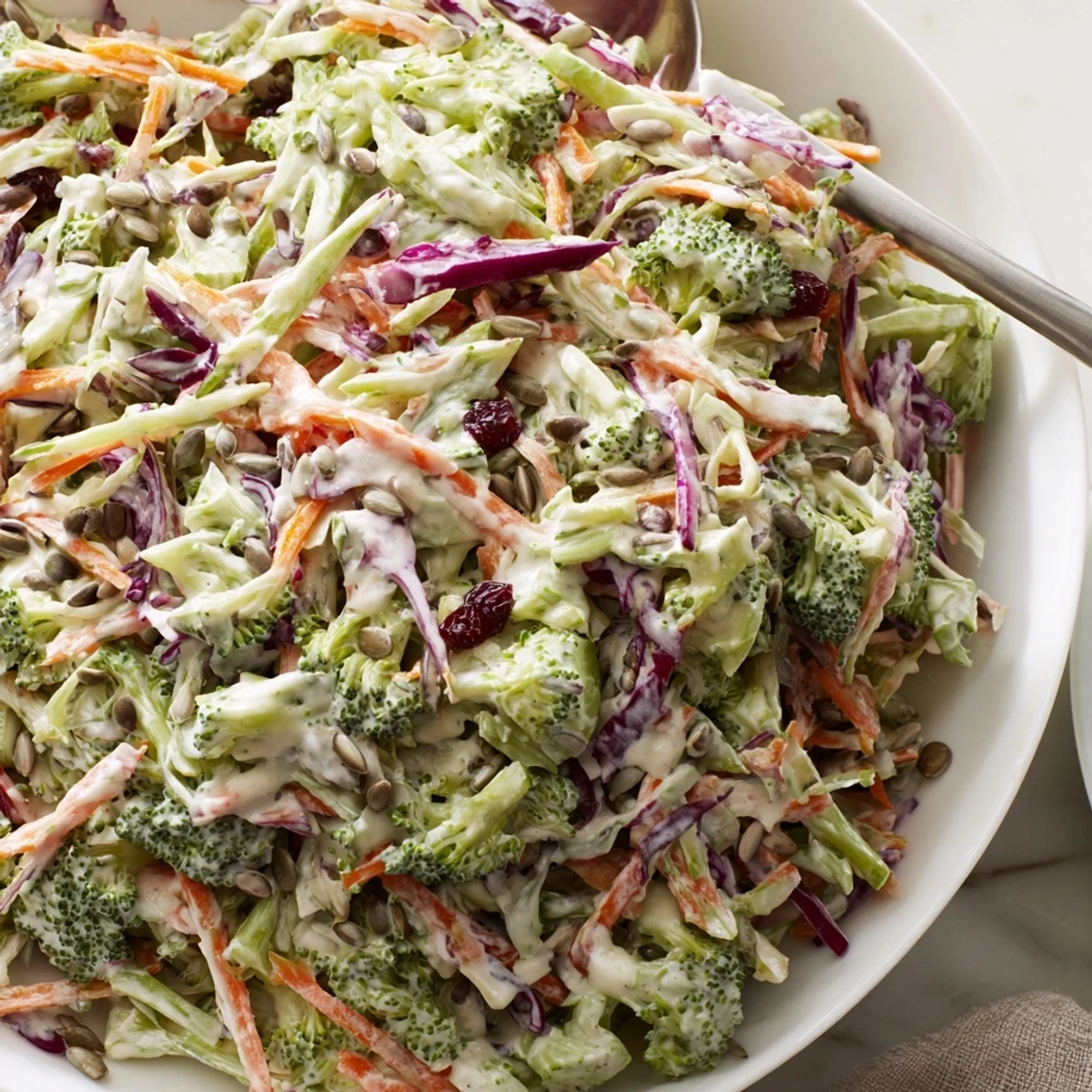 Bright and crunchy broccoli slaw served fresh as a colorful picnic side dish