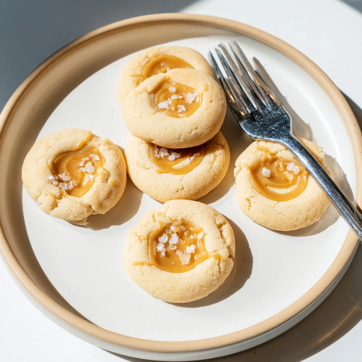 Soft caramel cheesecake cookies with golden swirls cooling on a rustic baking sheet