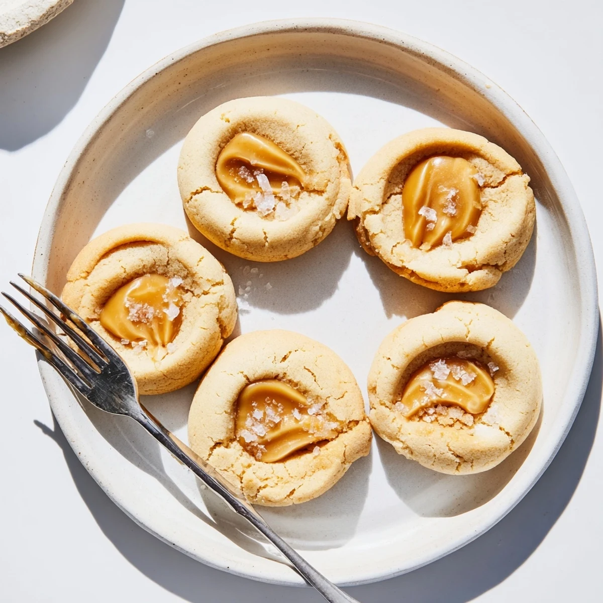 Warm caramel cheesecake cookies with rich caramel pools arranged on a white serving platter
