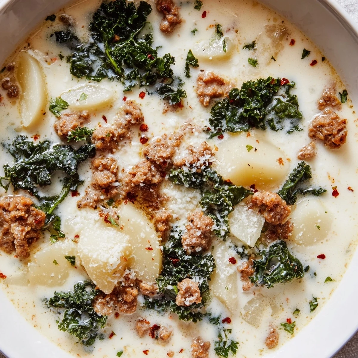 Creamy Zuppa Toscana soup loaded with sausage, potatoes, and tender kale
