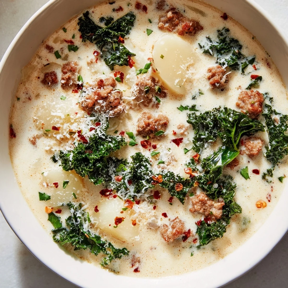 A steaming bowl of Zuppa Toscana soup topped with grated Parmesan cheese
