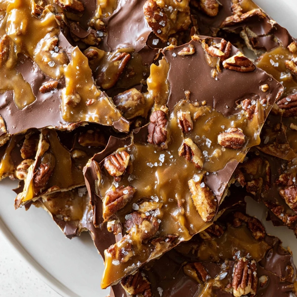 Golden pecan pie bark with gooey caramel, toasted nuts, and melted chocolate shards