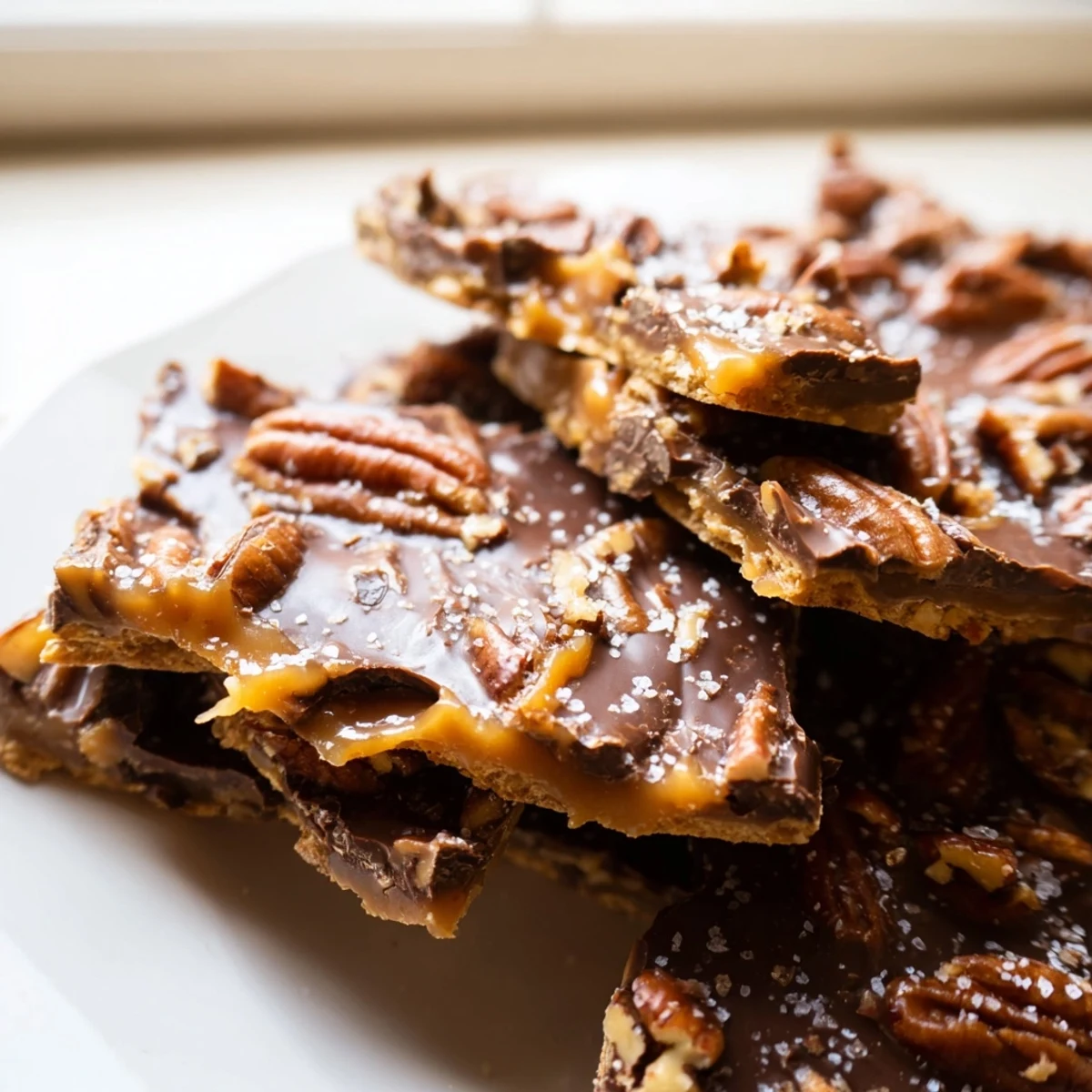 Pecan pie bark pieces topped with rich chocolate and buttery caramel drizzle