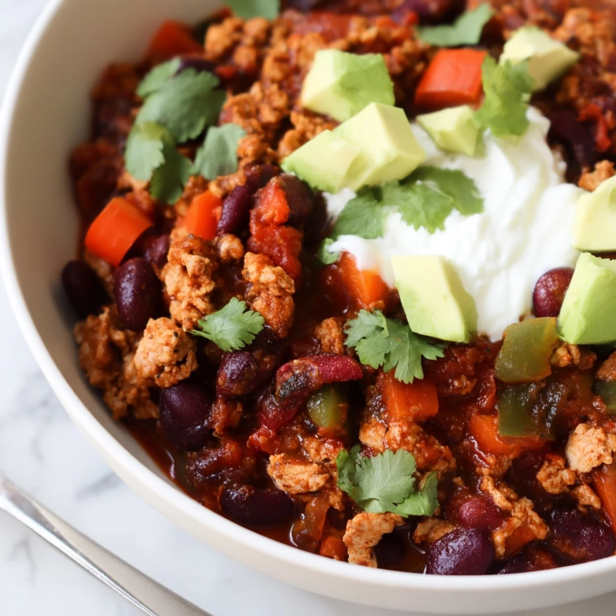 Steaming bowl of diabetic chili recipe topped with diced avocado and cilantro