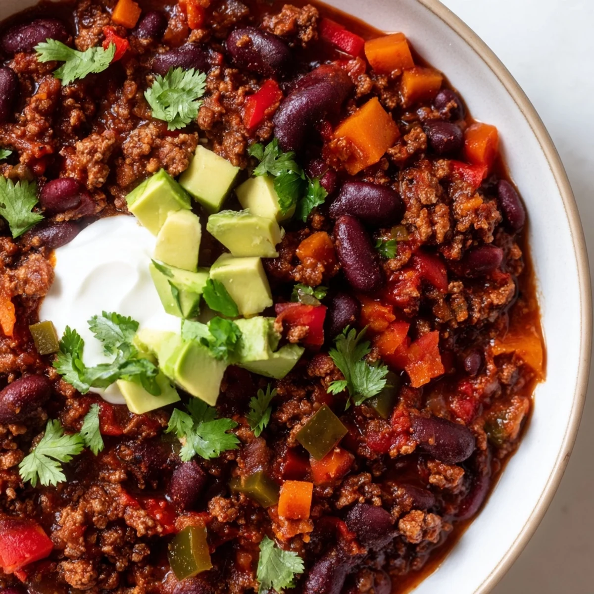 Thick rich diabetic chili recipe served in a rustic bowl with Greek yogurt