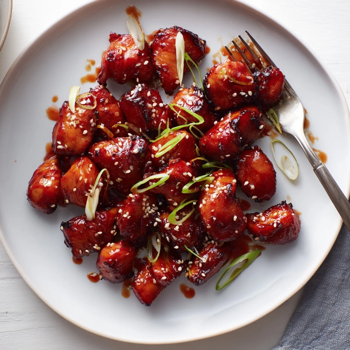 Caramelized gochujang chicken pieces glistening with sticky red glaze and sesame seeds