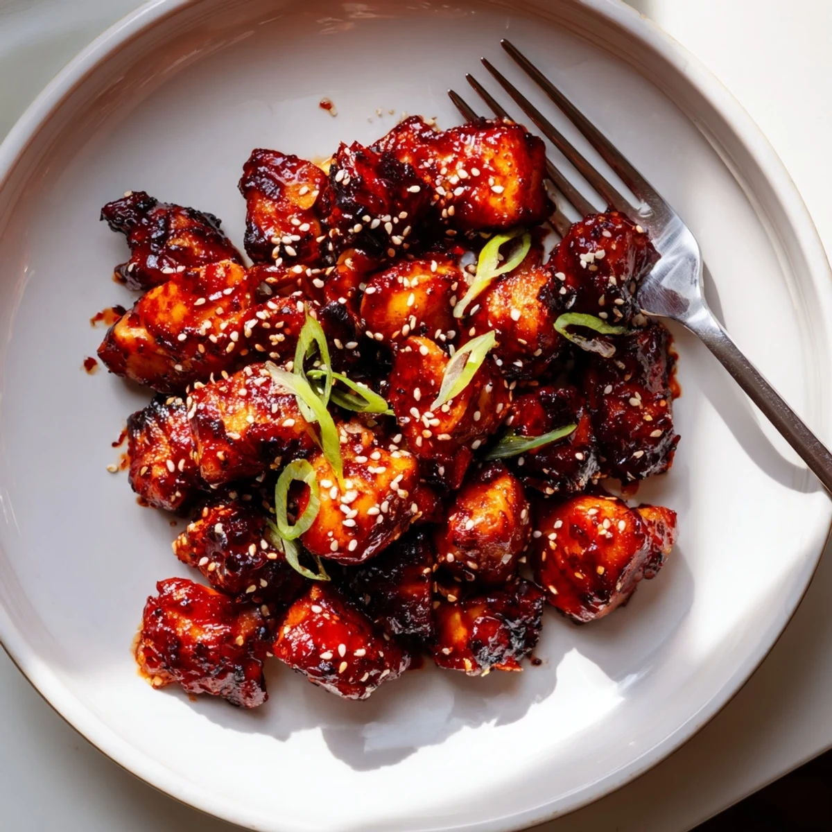 Crispy gochujang chicken thighs topped with scallions resting on a bed of white rice