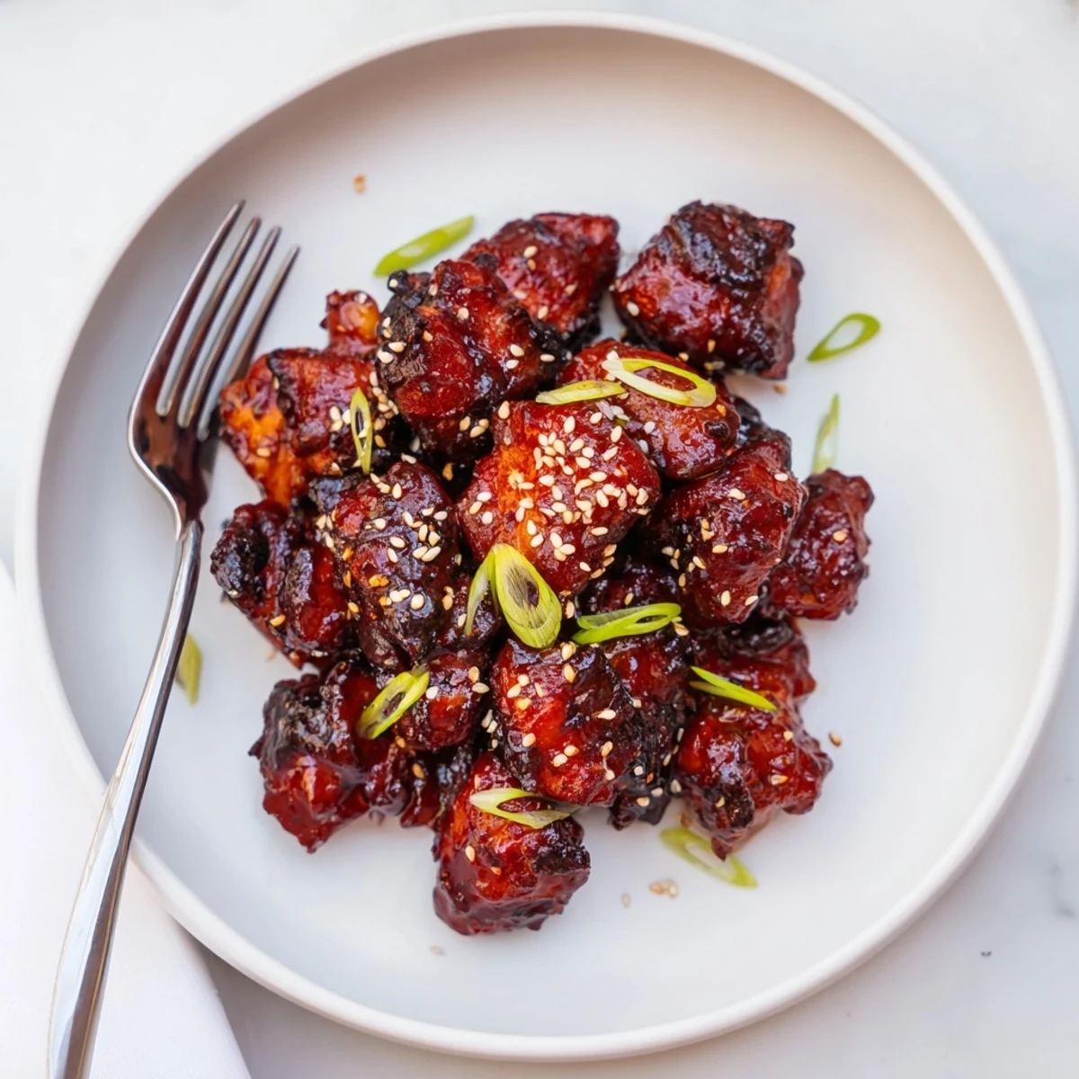 Close-up of spicy gochujang chicken coated in a thick glossy pepper sauce