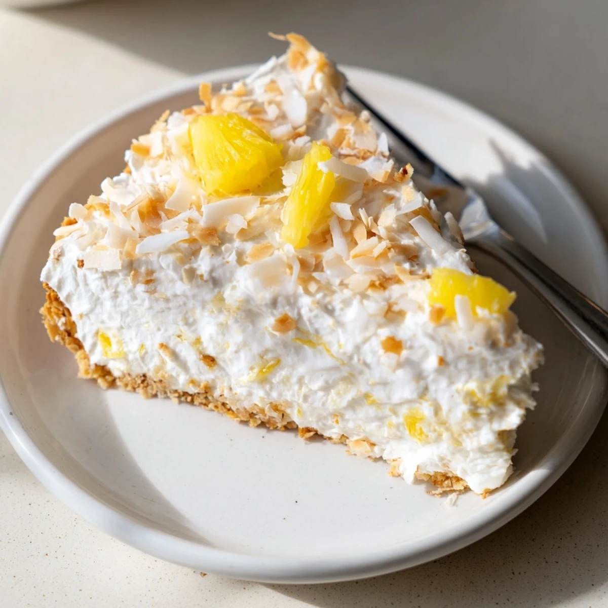 No Bake Pineapple Coconut Cream Cake sliced and topped with golden toasted coconut flakes