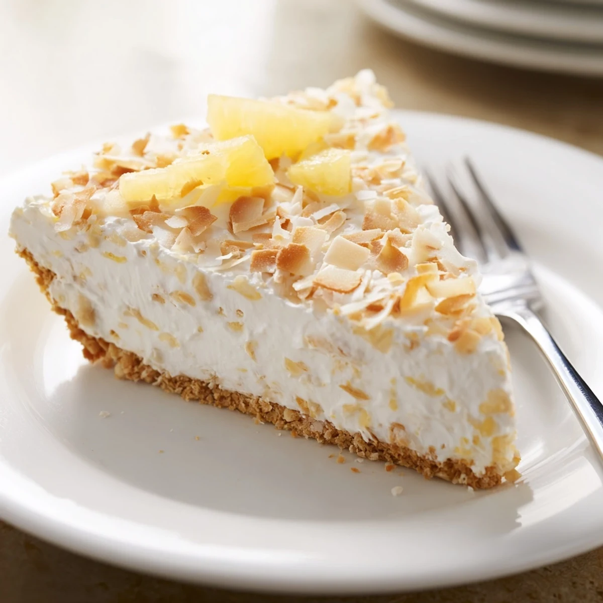Chilled No Bake Pineapple Coconut Cream Cake garnished with fresh pineapple chunks and coconut
