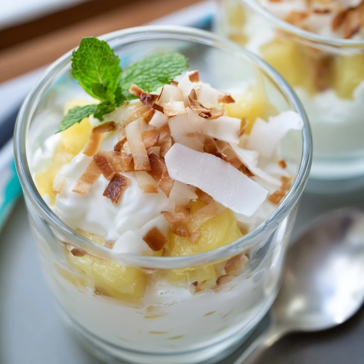 Mini pineapple condensed coconut milk cups topped with toasted coconut flakes and fresh mint