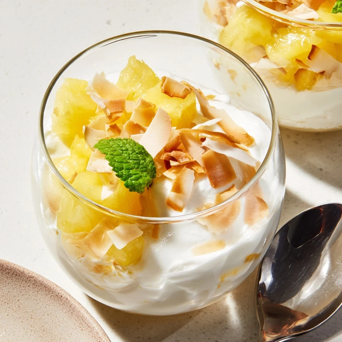 Creamy mini pineapple condensed coconut milk dessert served in elegant individual glass cups