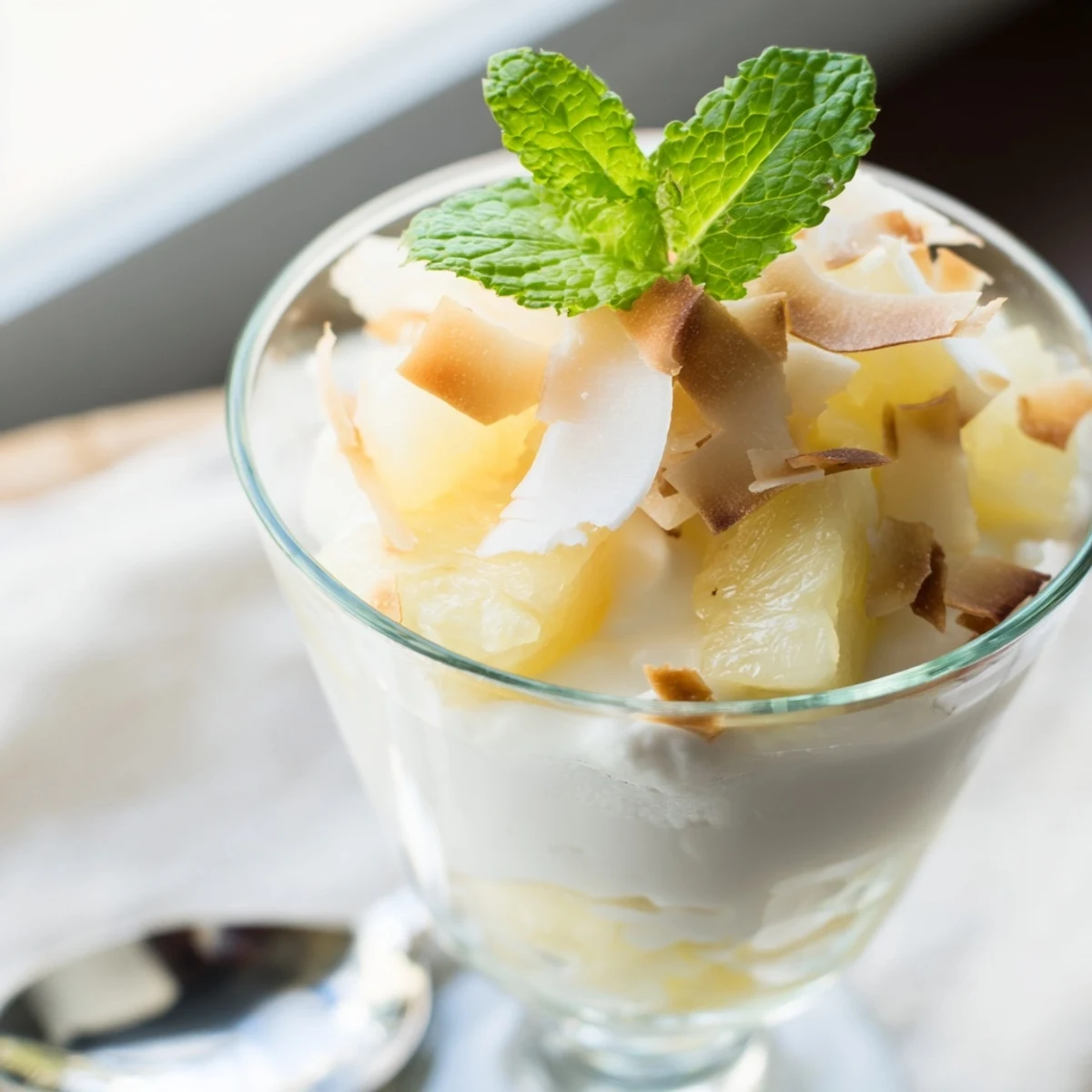 Tropical mini pineapple condensed coconut milk parfaits layered with golden caramelized fruit and coconut cream