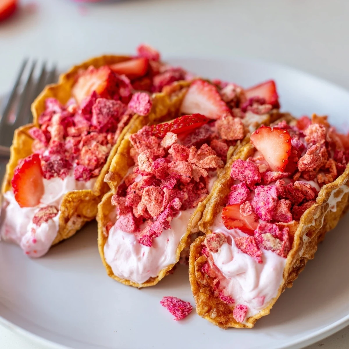 Crispy cinnamon sugar taco shells filled with creamy strawberry crunch cheesecake tacos