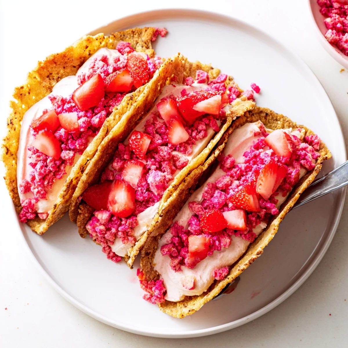 Creamy cheesecake filling topped with crunchy strawberry crumble in golden baked taco shells