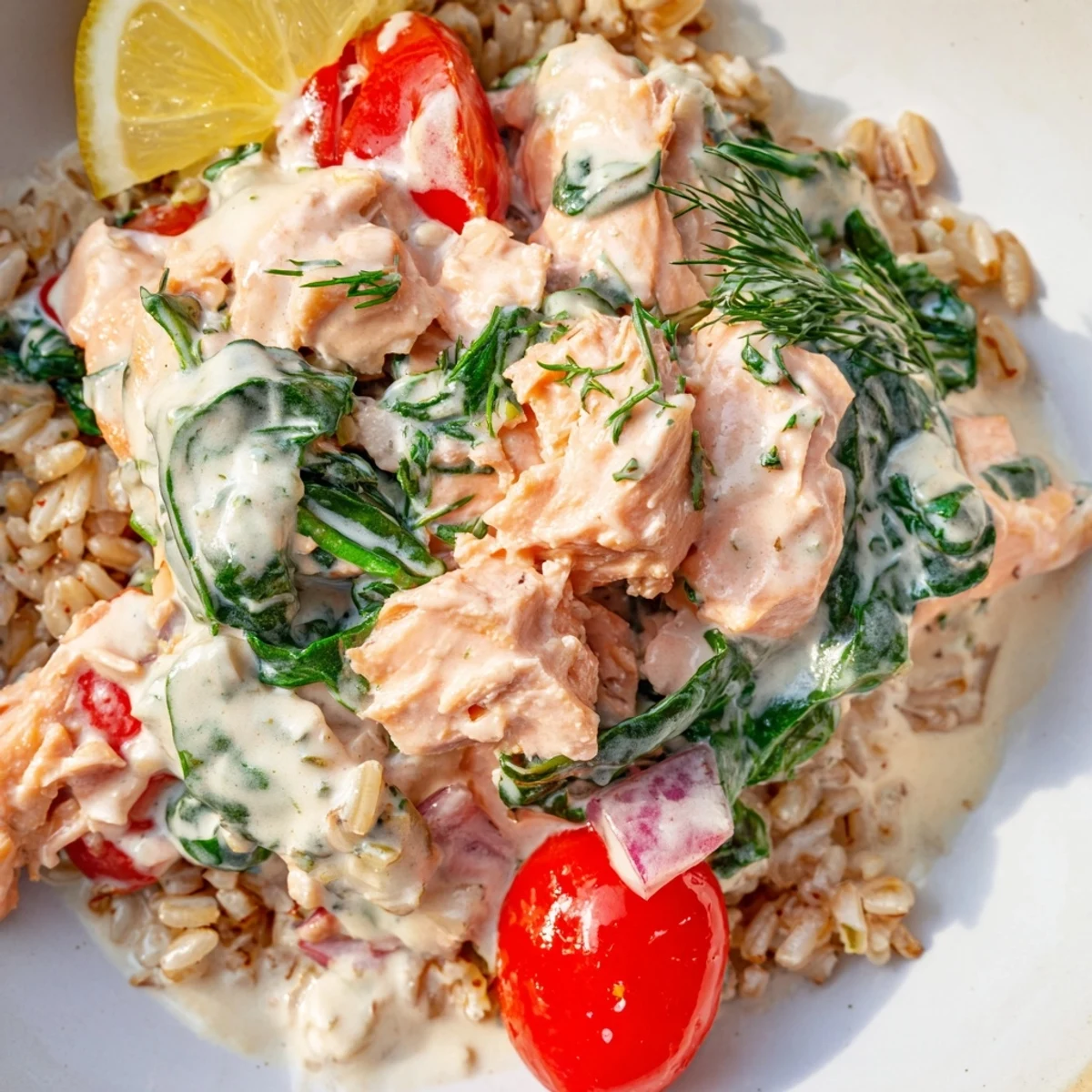 Golden flaked salmon in a velvety cream sauce with bright cherry tomatoes