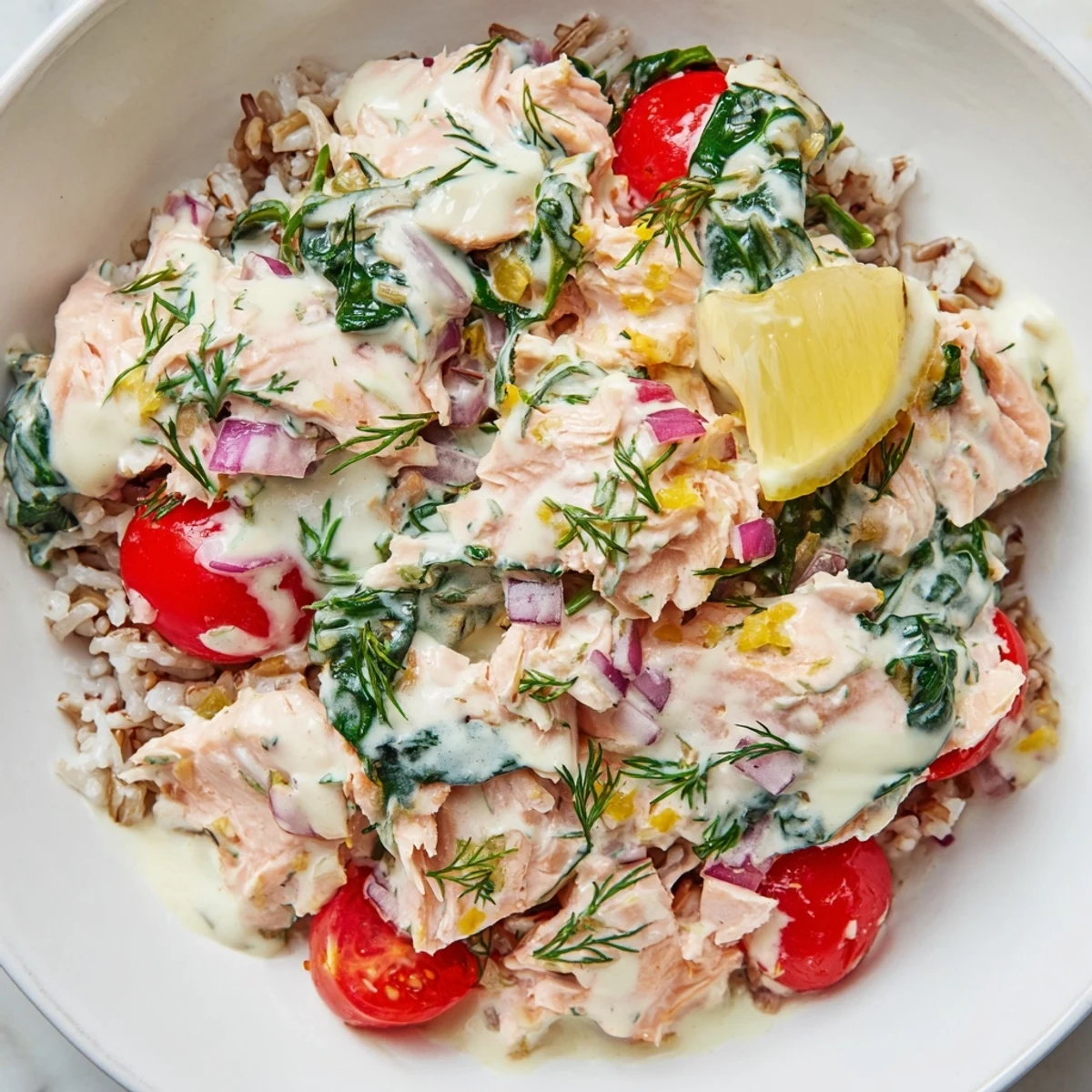 Creamy leftover salmon tossed with spinach, tomatoes, and tangy lemon dill sauce