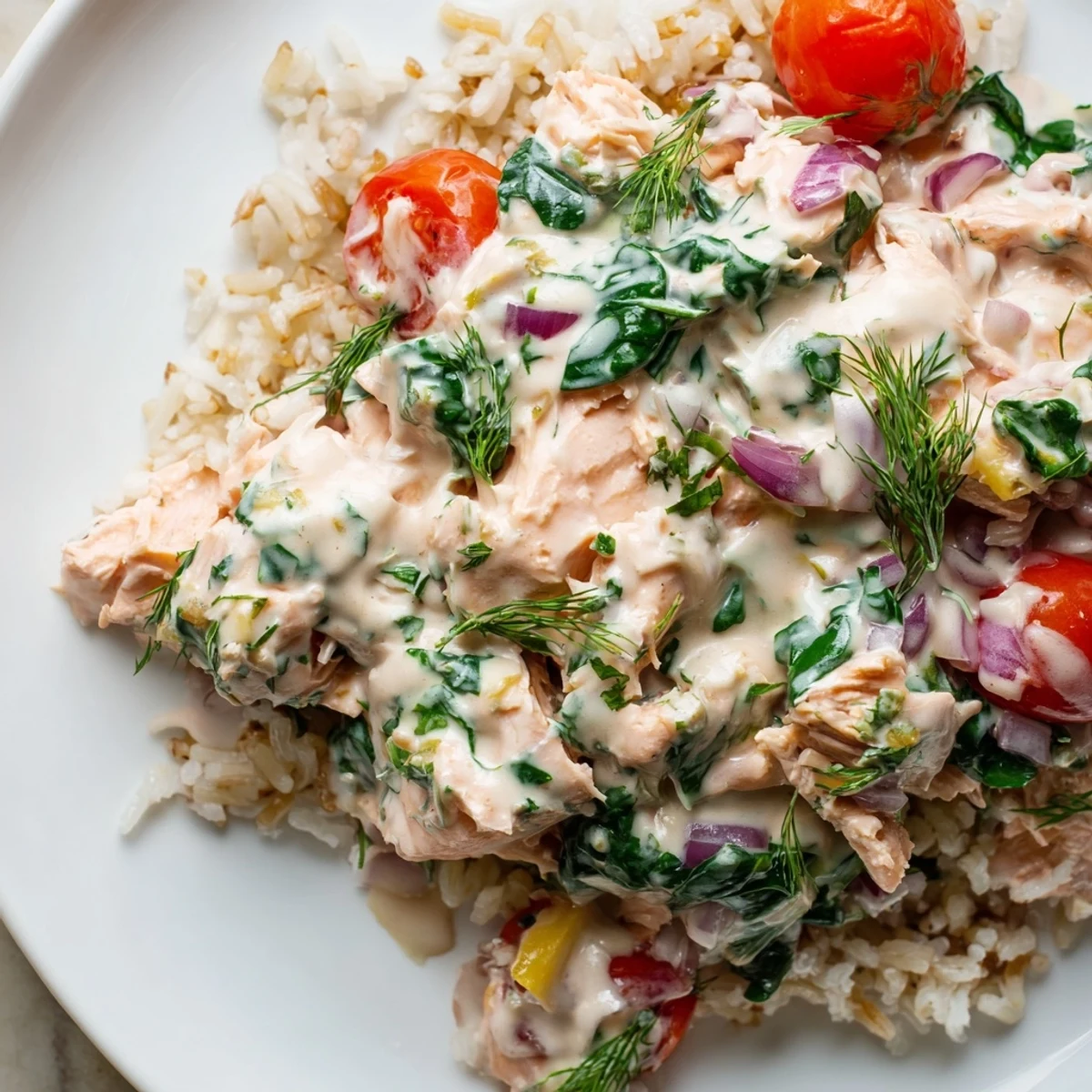 Healthy creamy leftover salmon served in a skillet over a bed of spinach