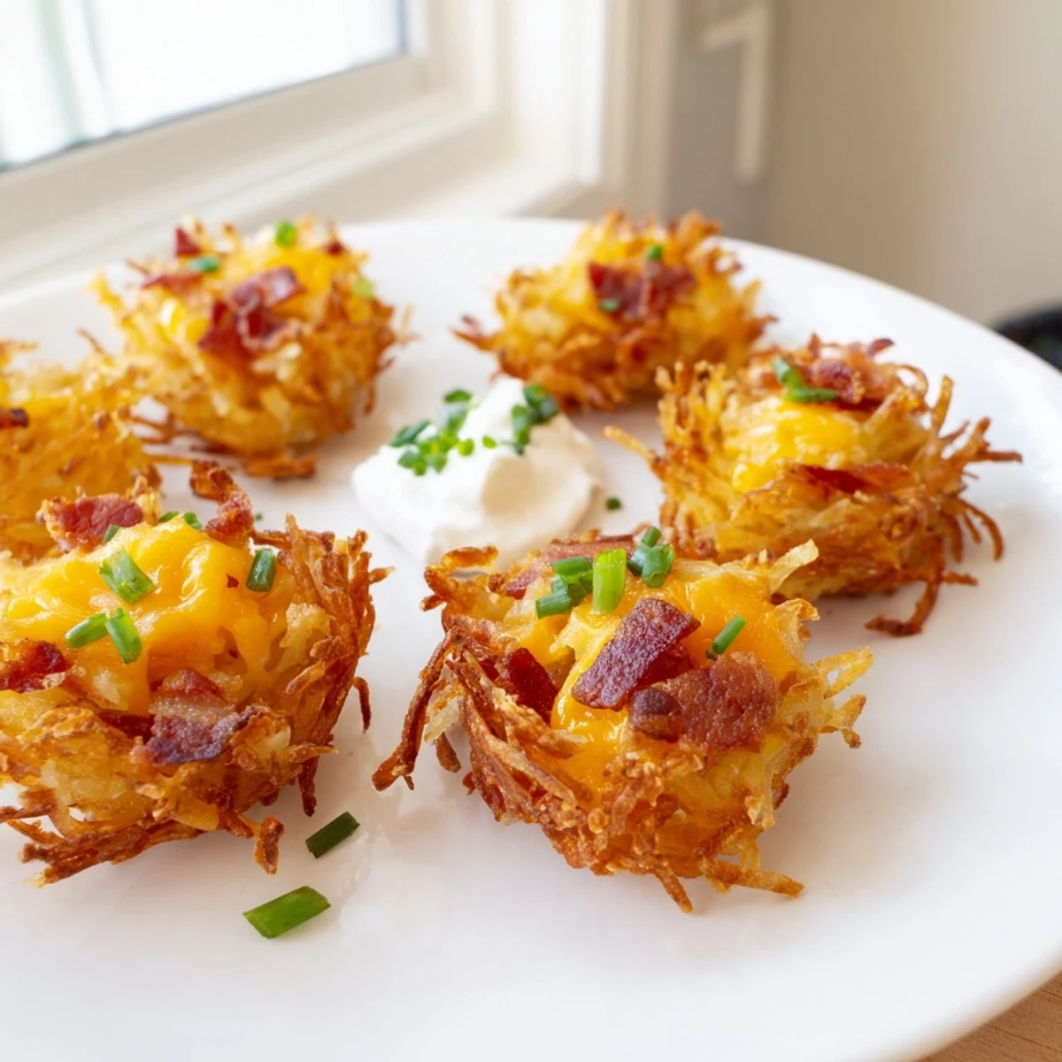 Golden cheesy loaded hashbrown bites with melted cheddar and crispy bacon on a platter