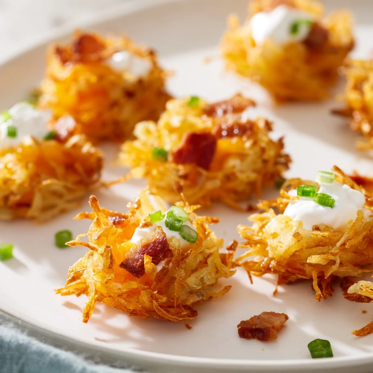 Crispy cheesy loaded hashbrown bites topped with green onions and a sour cream dip